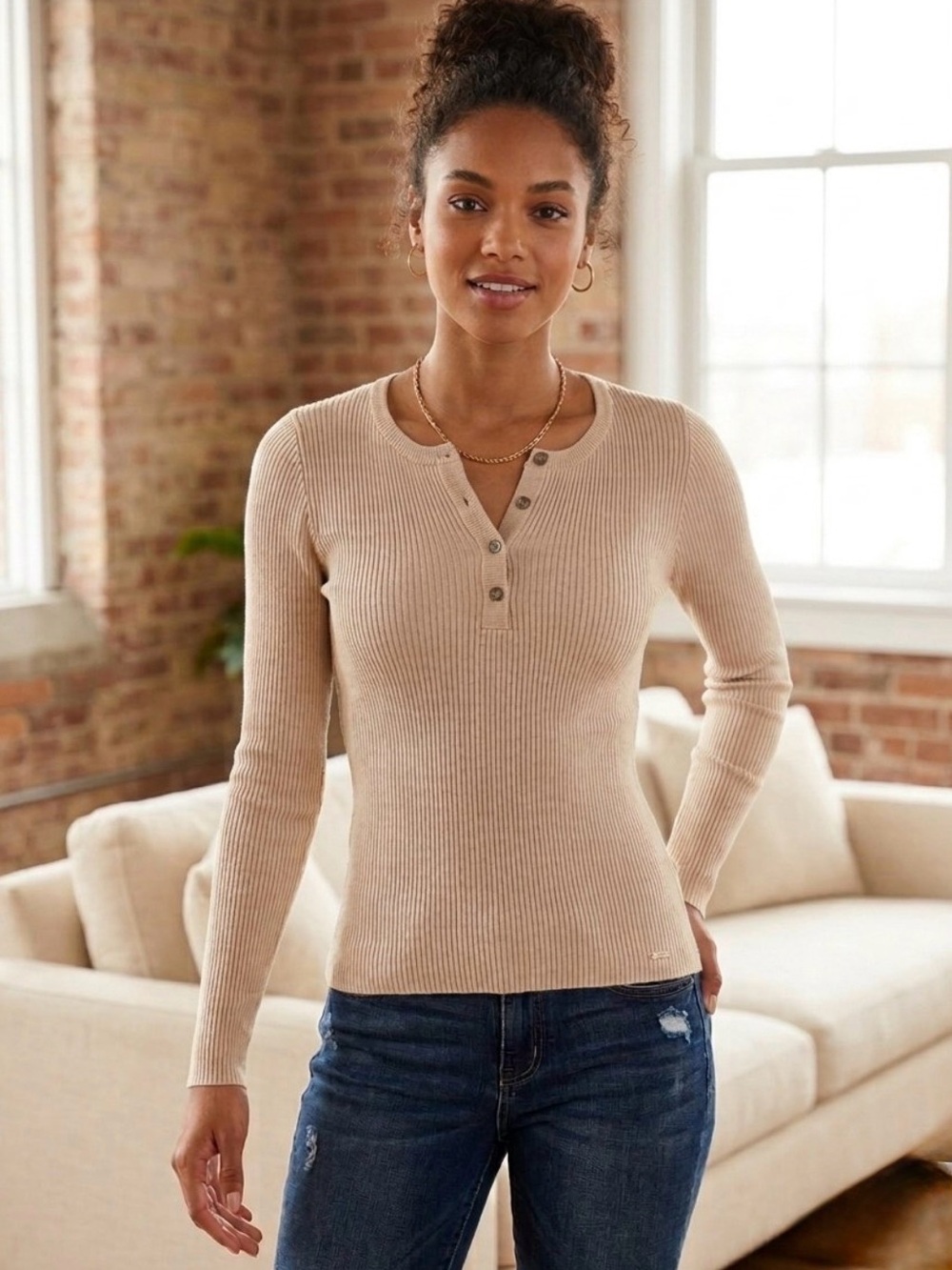 Buffalo David Bitton heather oatmeal ribbed henley sweater. Size S. NWT.